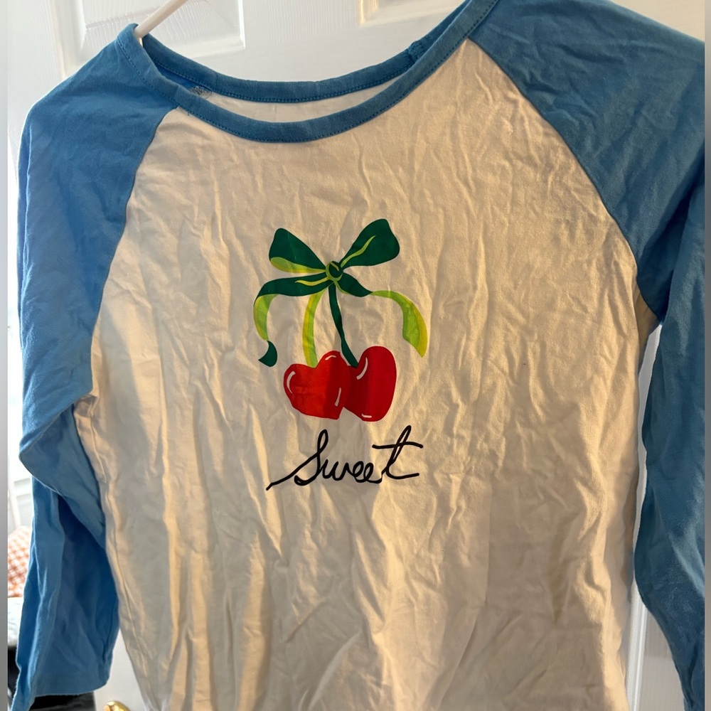 Lands' End White Raglan Tee with Light Blue Sleeves & Cherry Graphic